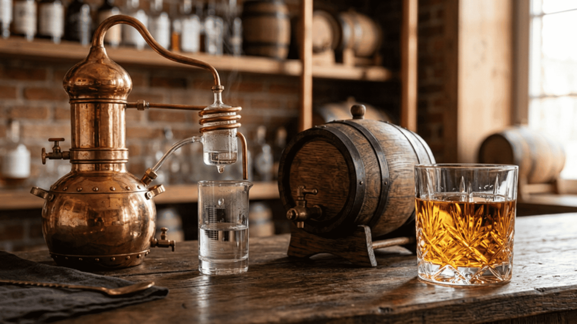 Copper still and barrel showing how hard liquor is made through distillation