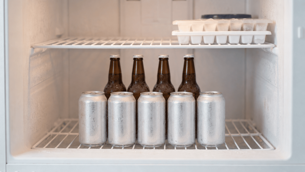 frosted beer cans and brown bottles arranged in the center of a home freezer