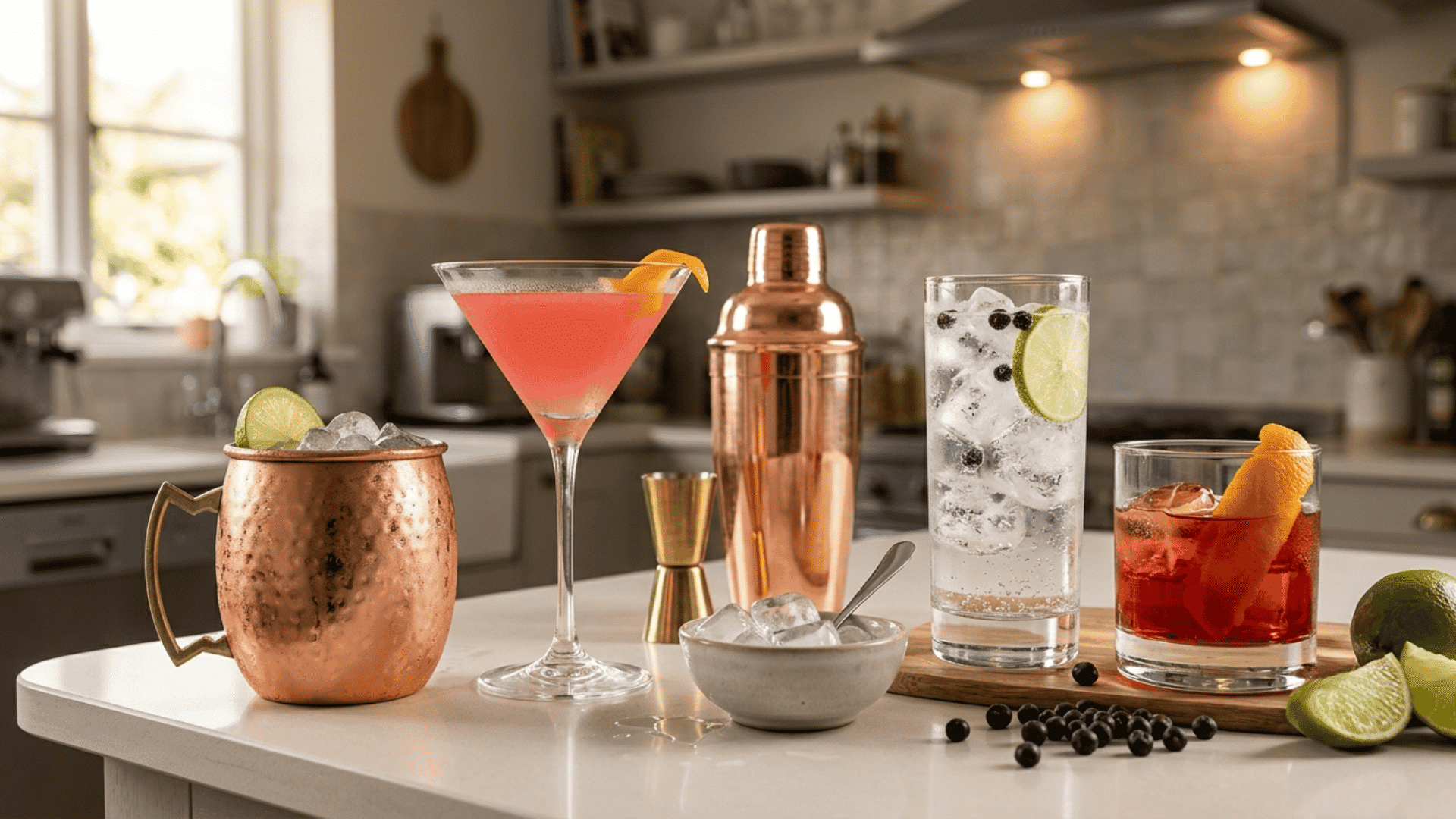 vodka and gin cocktails with shaker, ice, citrus, and juniper on kitchen island.