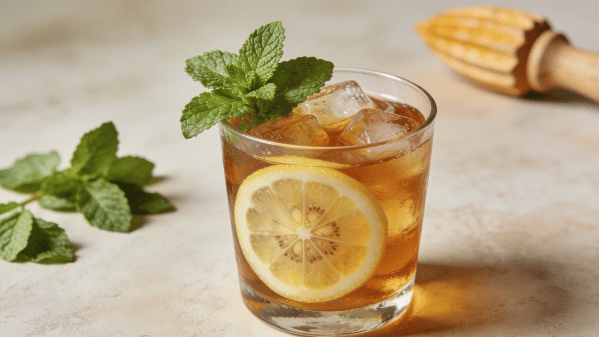 Whiskey Smash with mint, lemon, crushed ice