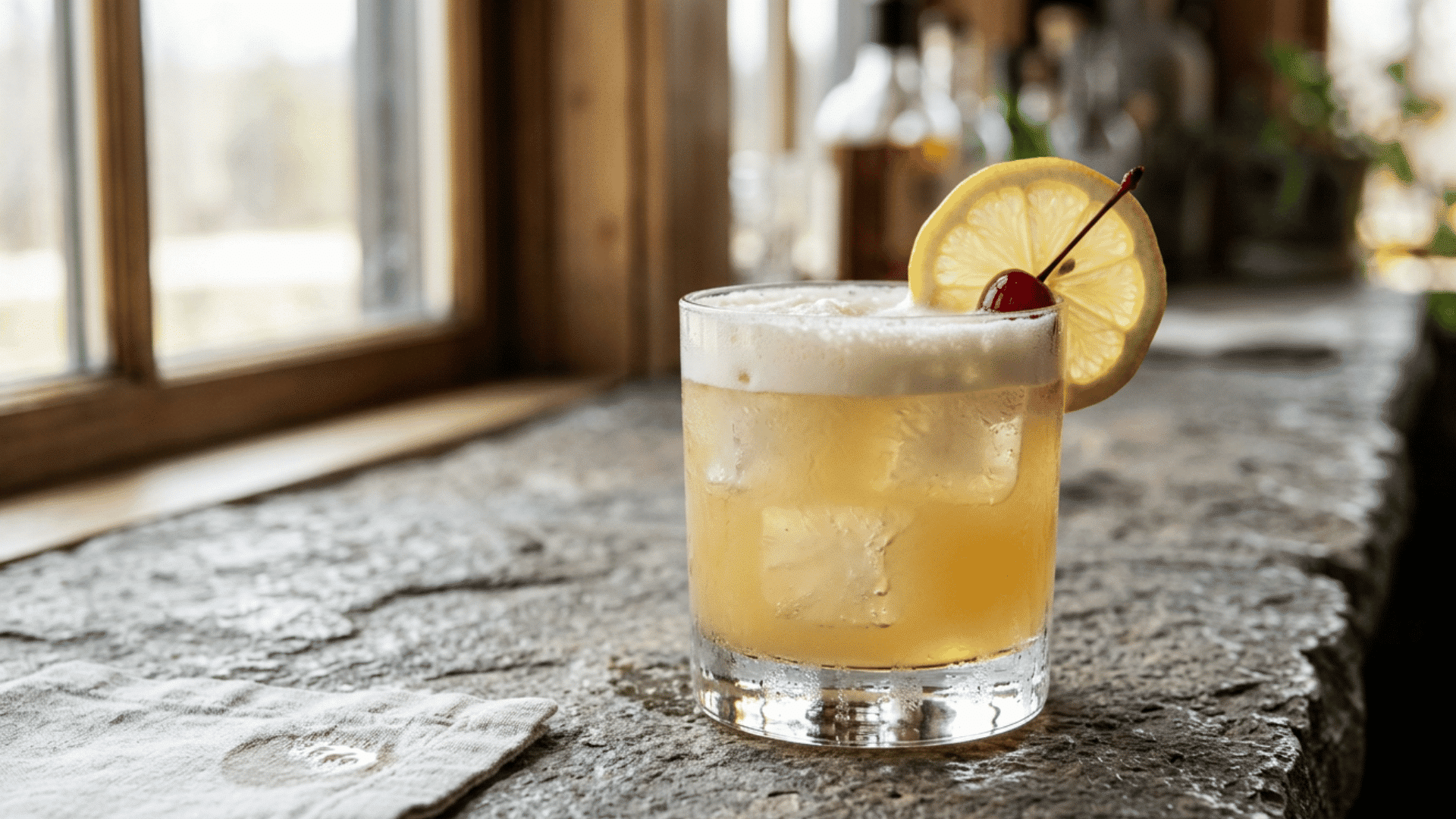 Whiskey Sour with foam and lemon garnish