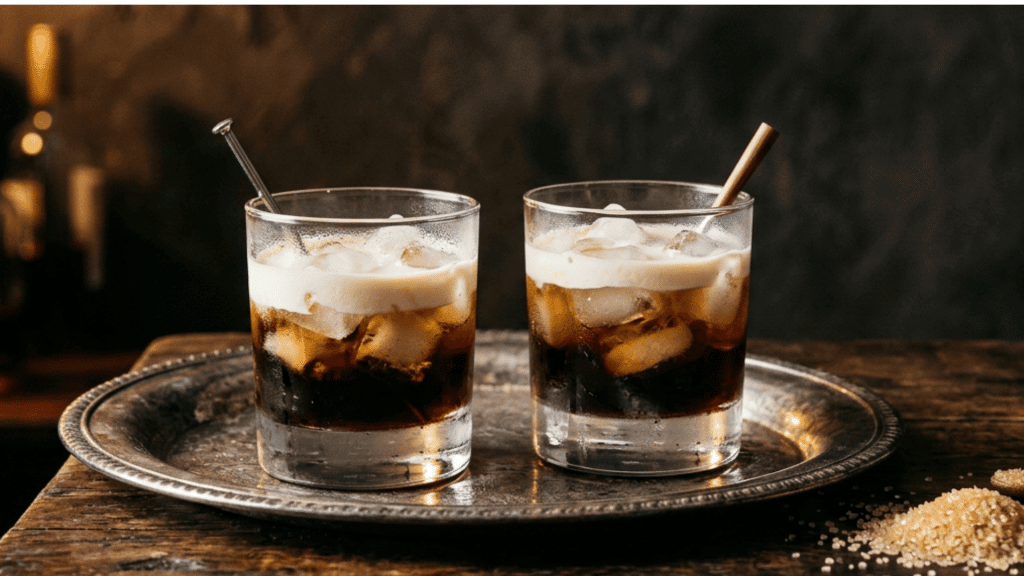 two layered white russian cocktails with ice and cream served on a metal tray
