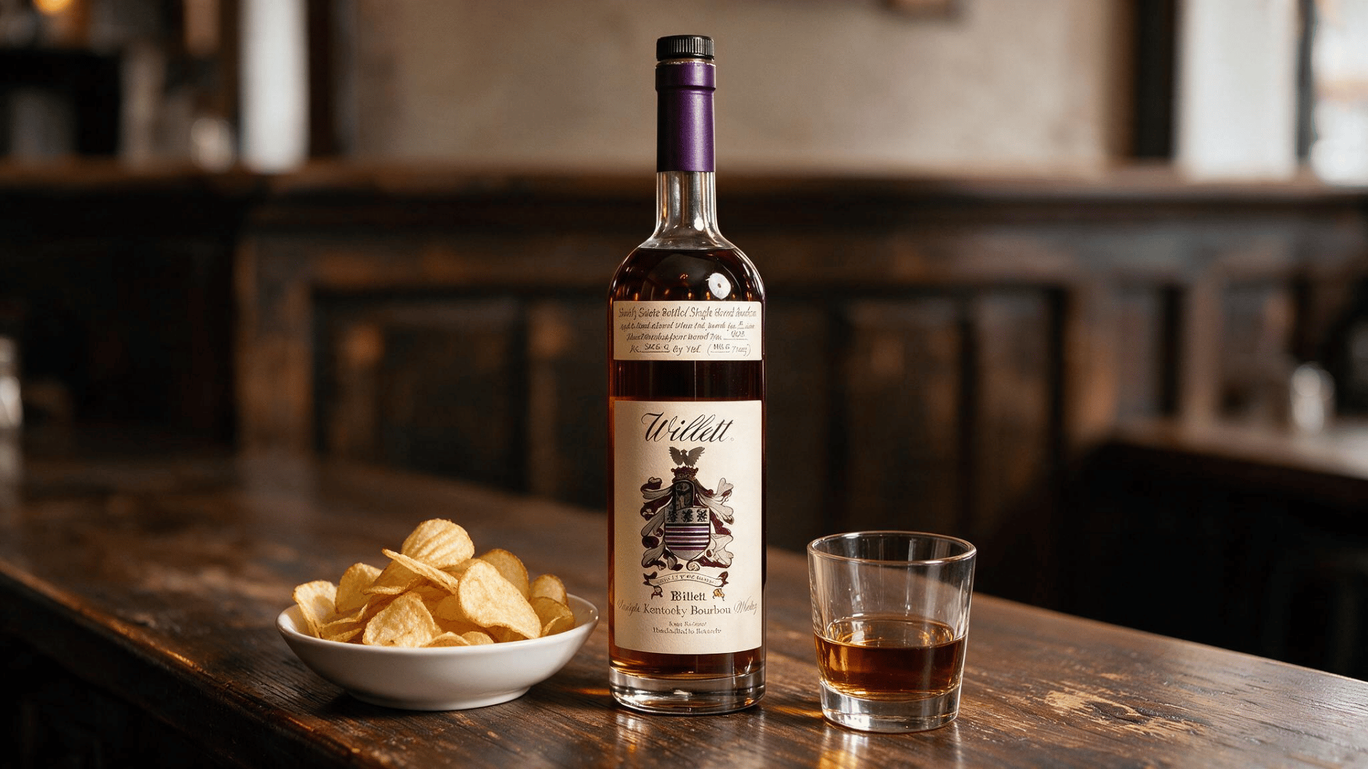 willett family estate bourbon bottle beside a glass and a bowl of chips on a rustic wooden bar