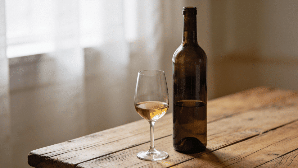 wine bottle and partially filled wine glass on a rustic wooden table with soft natural light in the background