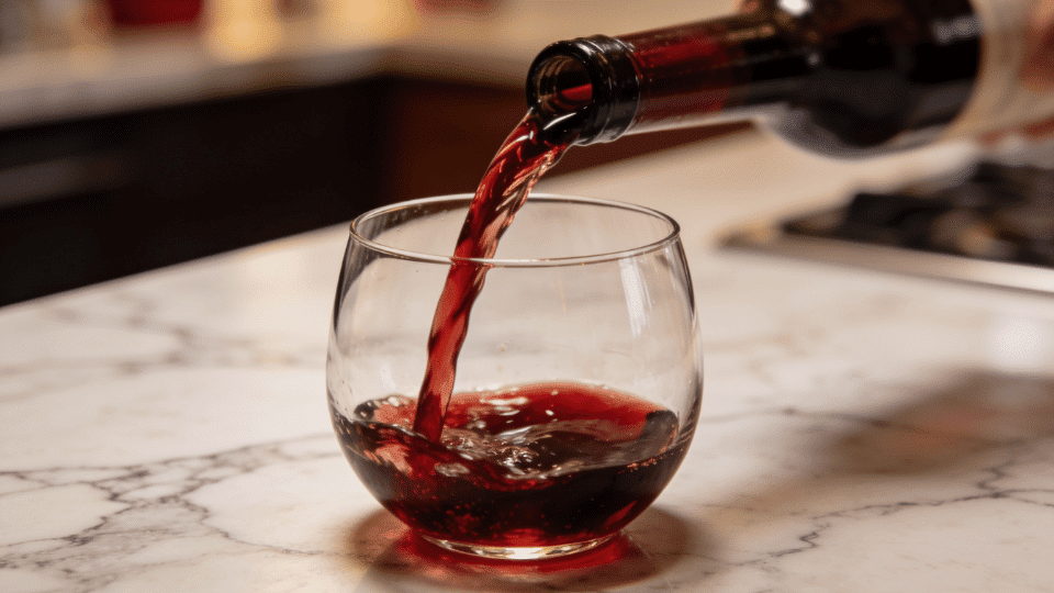 wine bottle and partially filled wine glass on a rustic wooden table with soft natural light in the background