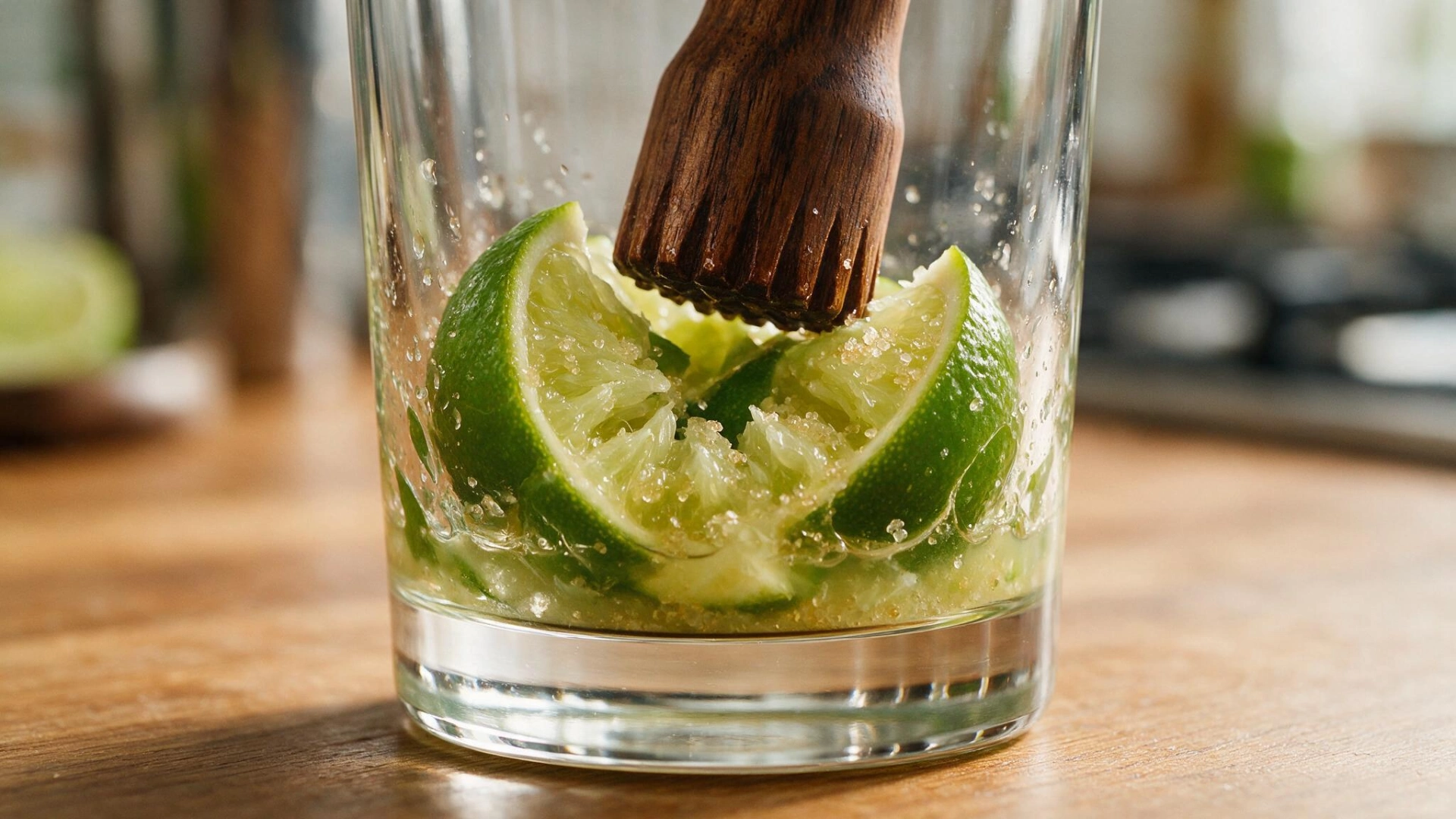 wooden muddler gently pressing lime wedges and sugar in a rocks glass to release fresh citrus juice and oils