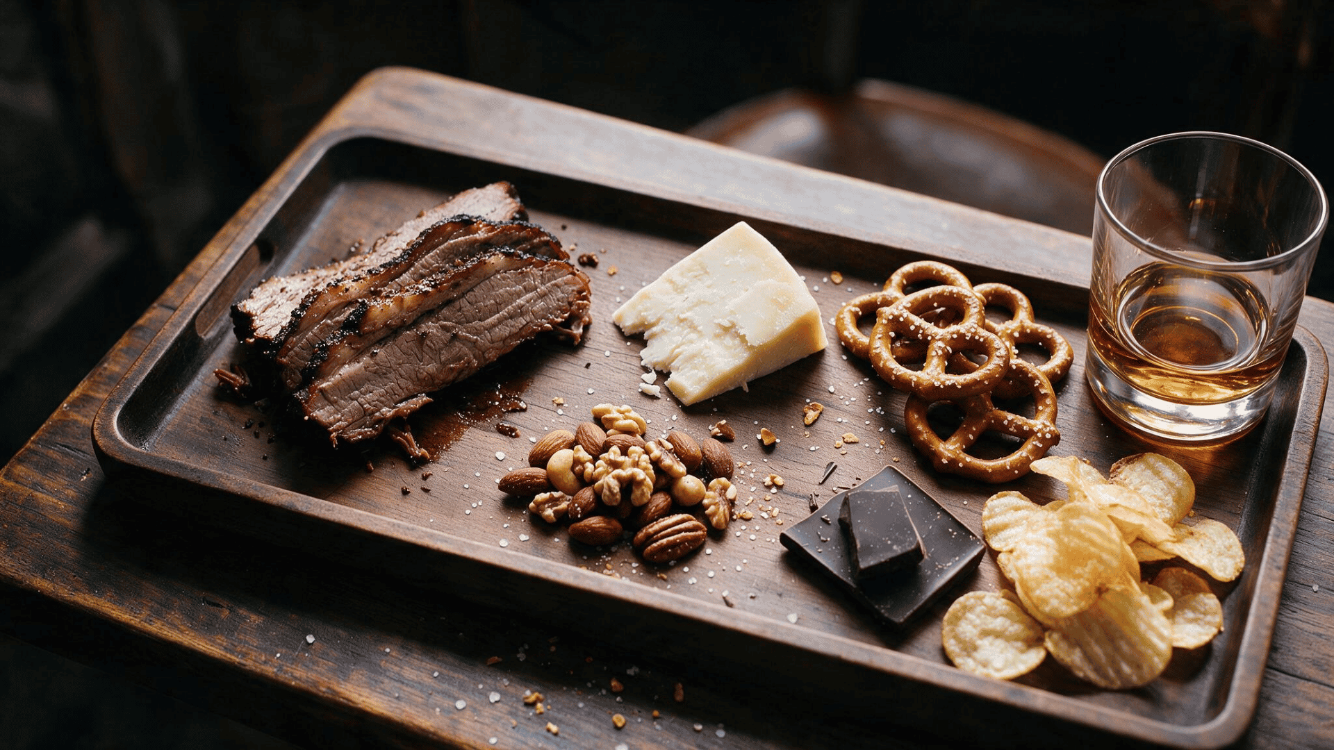 wooden tray with smoked brisket, cheddar cheese, nuts, pretzels, chips and a glass of bourbon