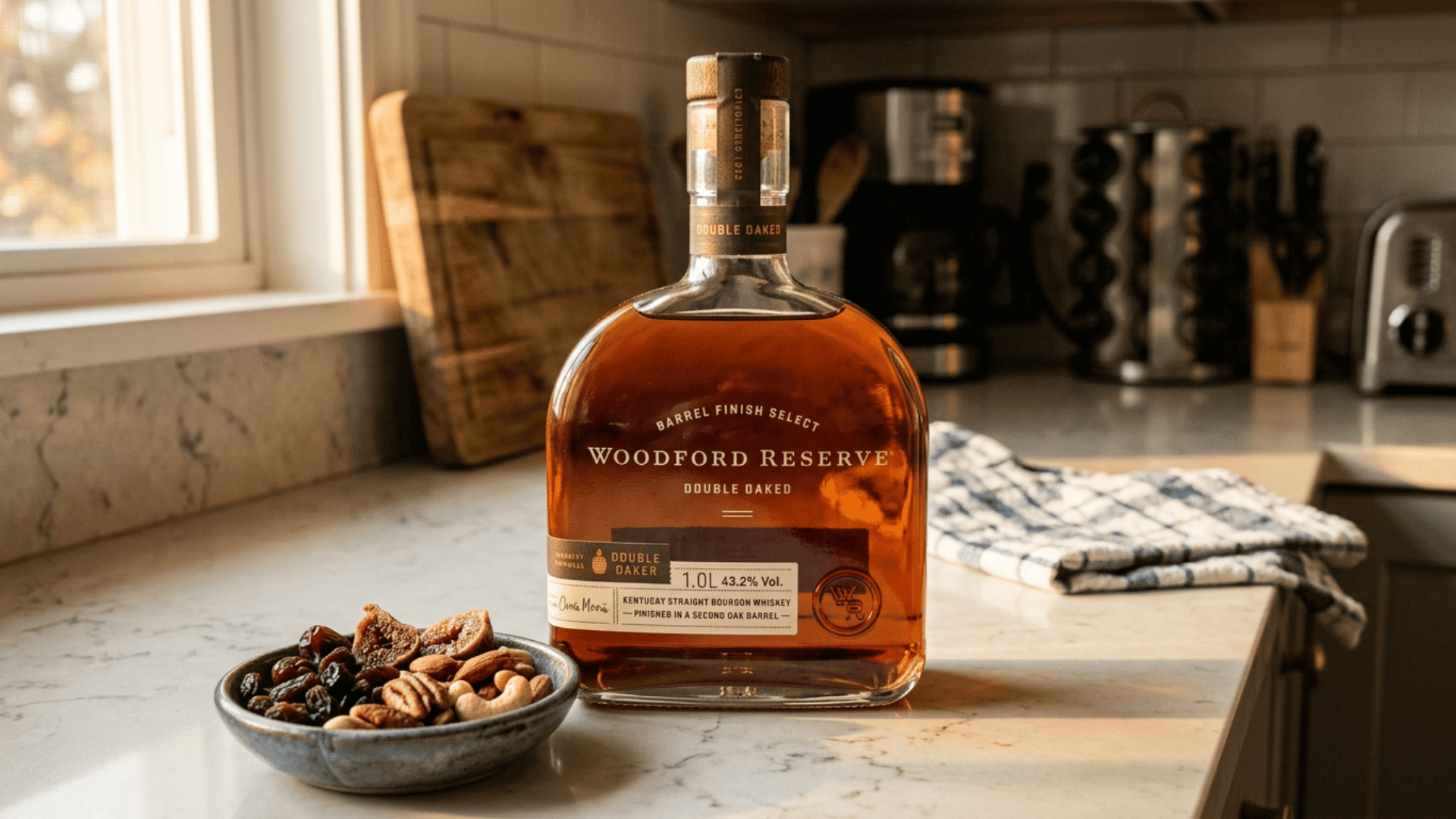 woodford reserve bourbon bottle beside a bowl of dried fruit and nuts on a kitchen counter