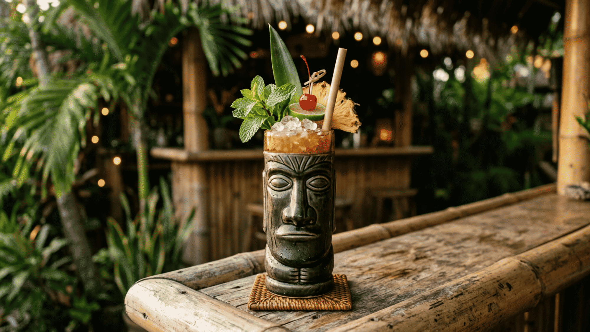 Zombie cocktail in a tiki mug with mint, cherry, and pineapple garnish on a rustic tropical bar counter.