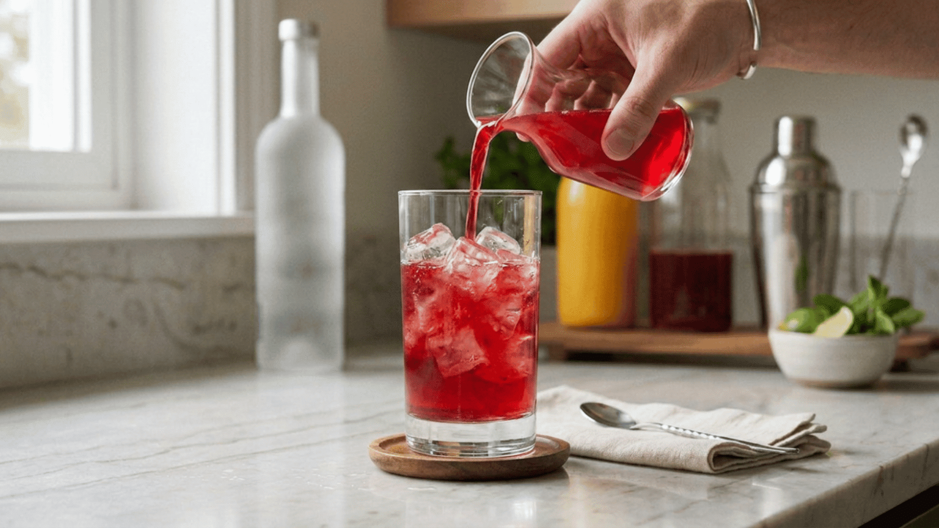 cranberry juice being poured into a highball glass filled with vodka and ice, creating a bright pink-red drink