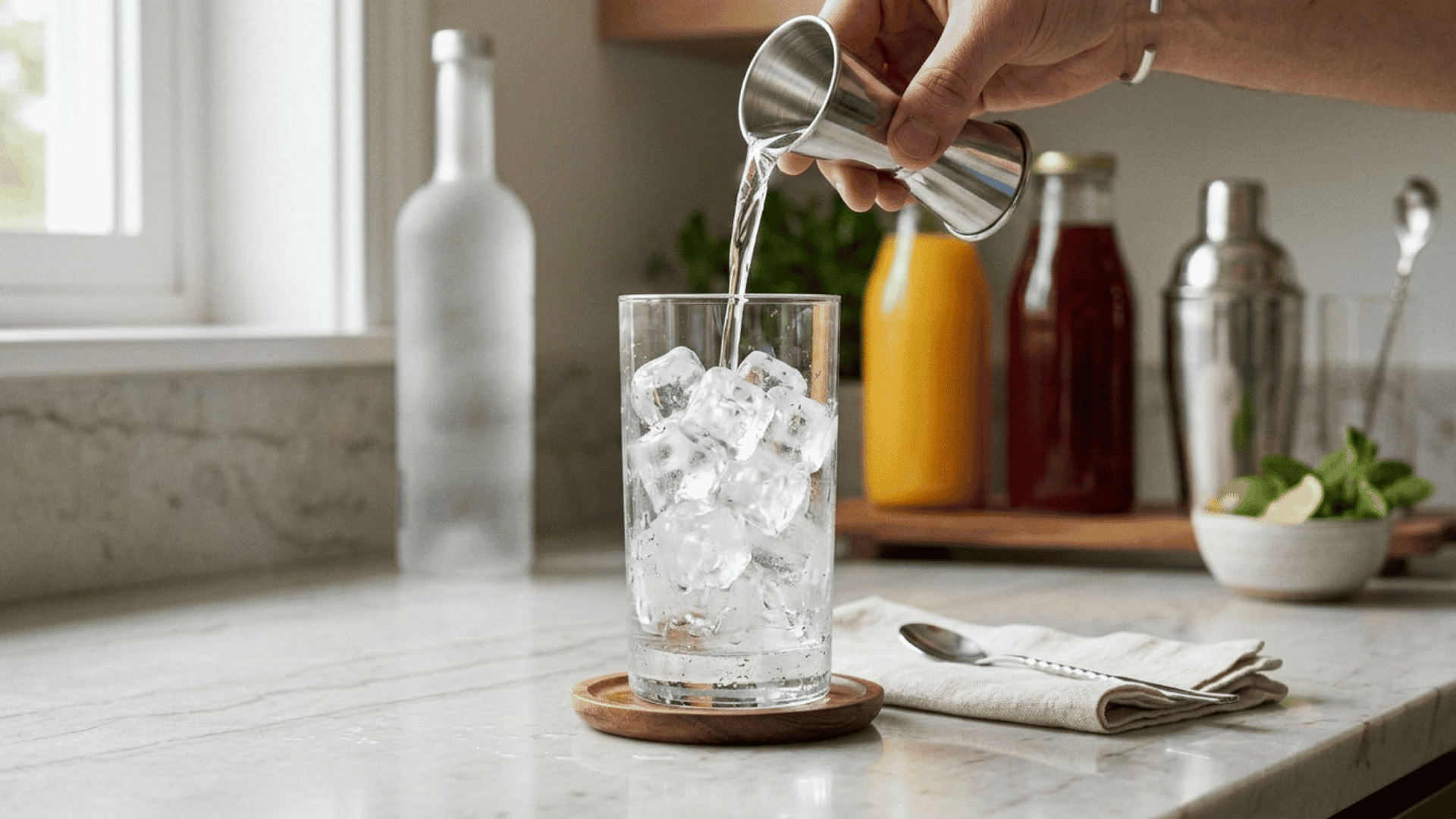 vodka being poured from a jigger into a highball glass filled with ice on a clean kitchen or bar countertop
