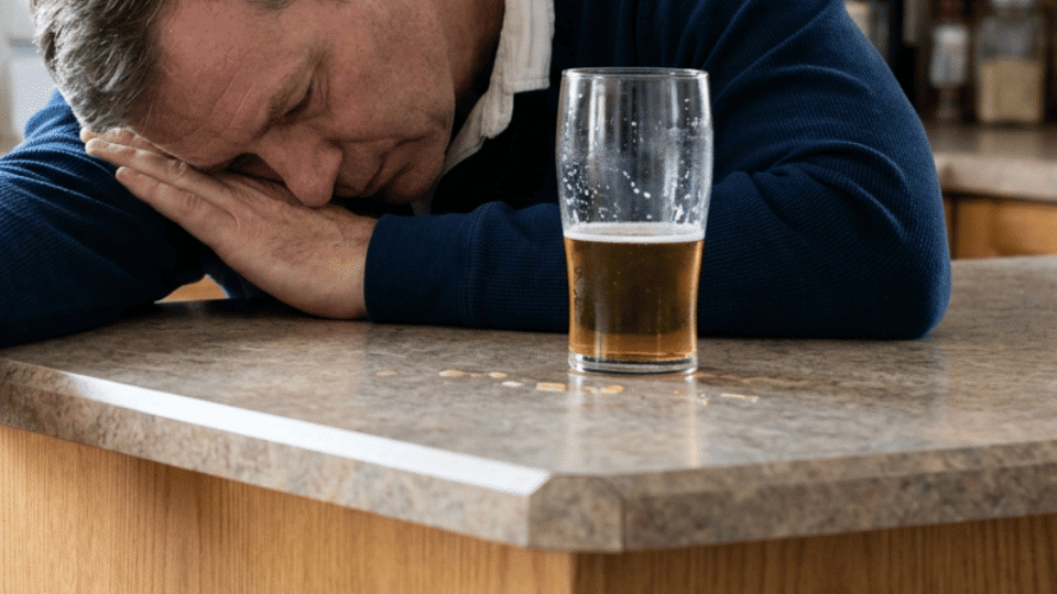 Man resting beside a glass of alcohol, representing fatigue and the effects of drinking.