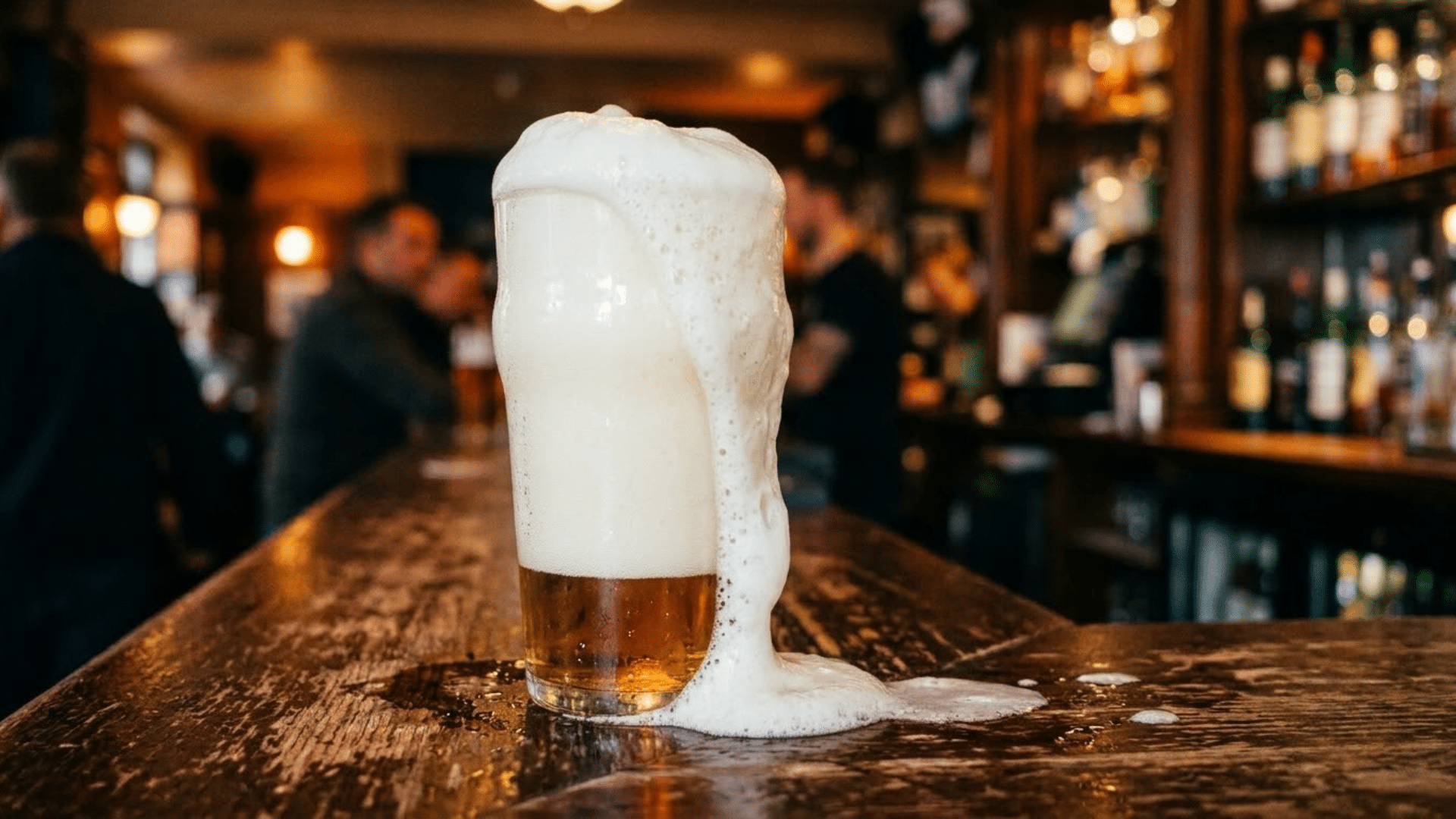 a glass of beer on a wooden bar with thick white foam overflowing down the side and pooling on the counter