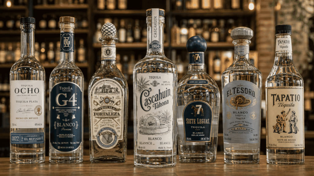 seven blanco tequila bottles including Ocho, G4, Fortaleza, Cascahuín, Siete Leguas, El Tesoro, and Tapatío