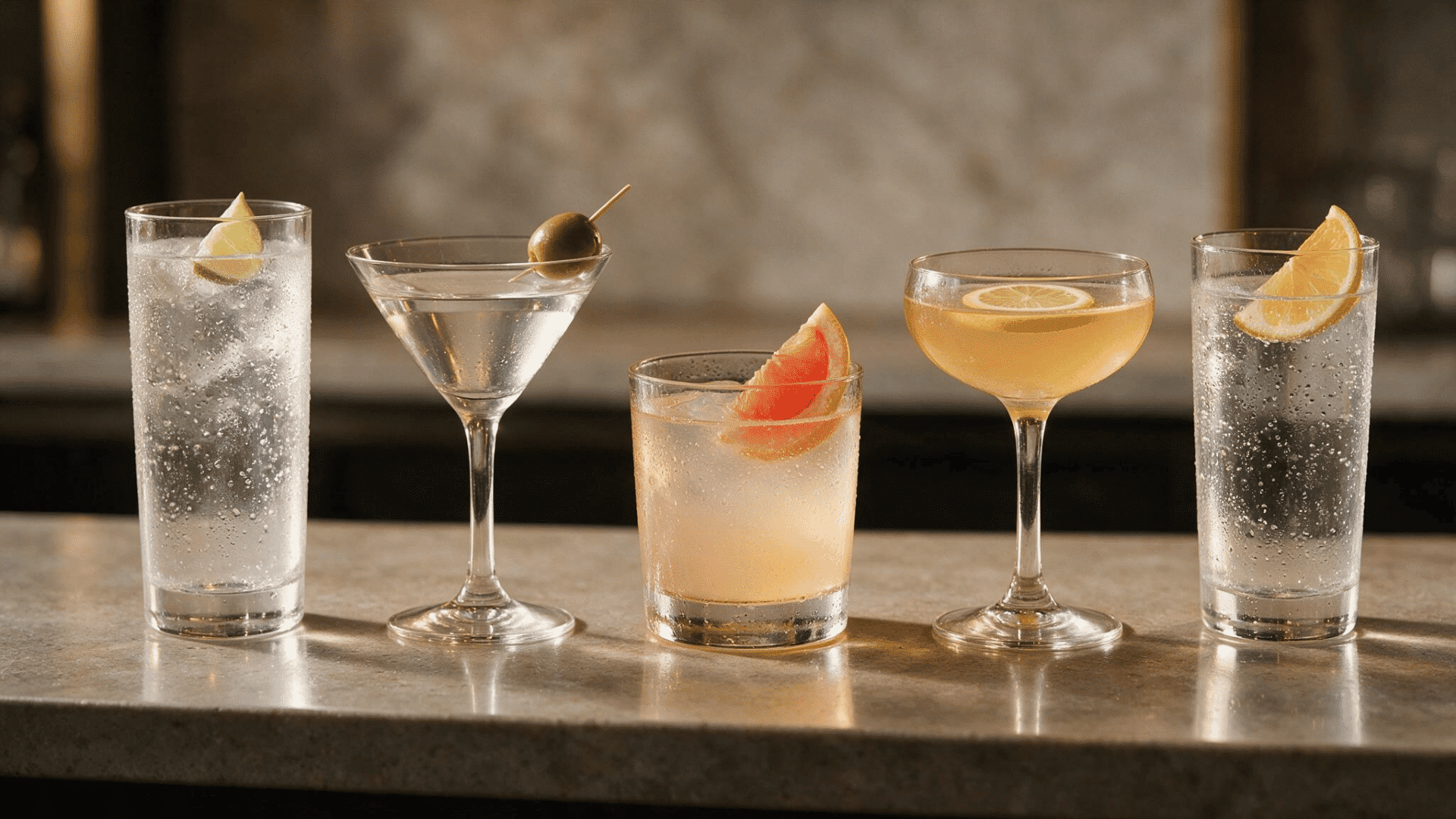 Five low-calorie cocktails with citrus garnishes arranged on a stone bar counter