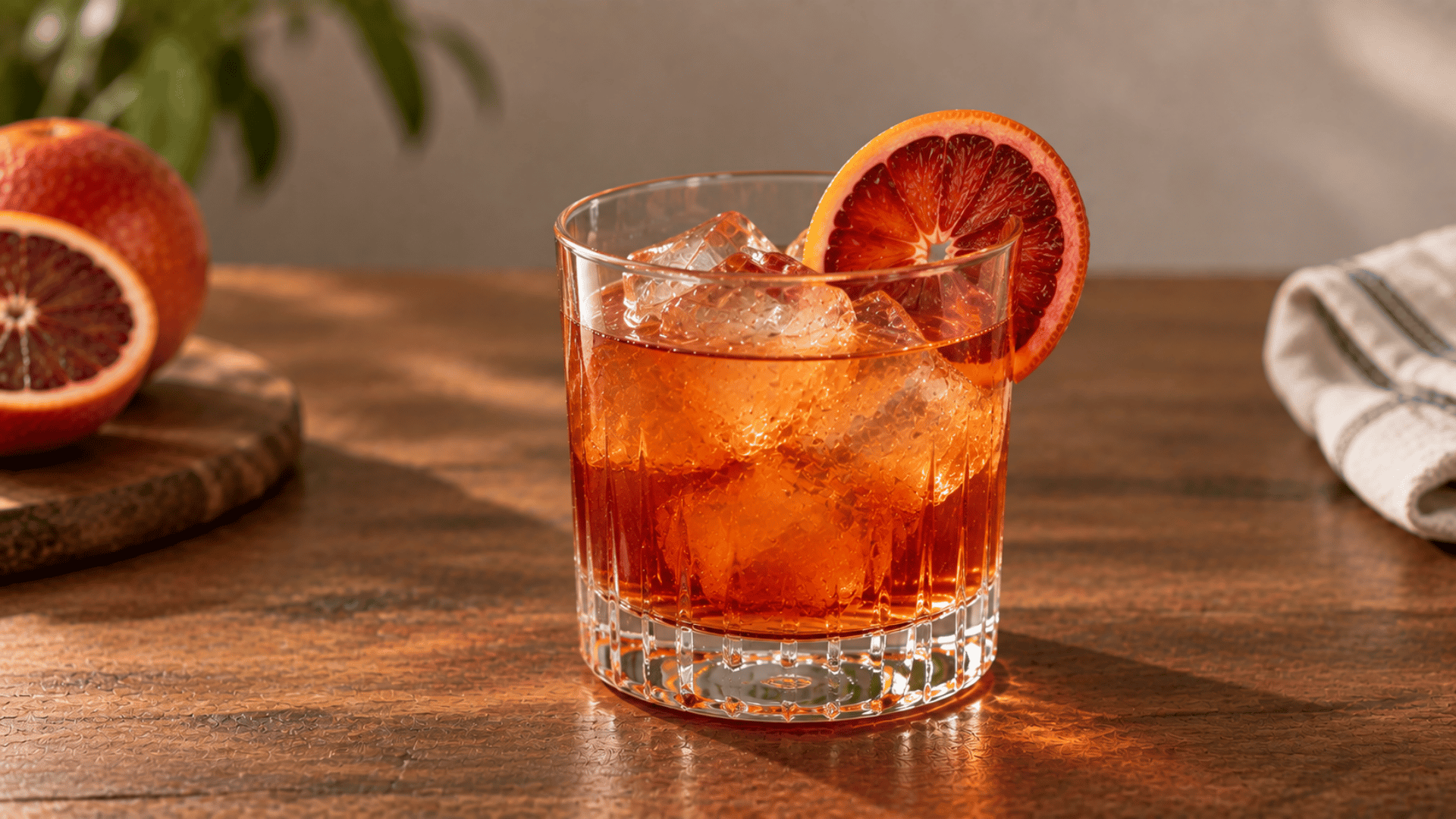 Blood orange whiskey cocktail over ice with a thin fresh blood orange wheel garnish