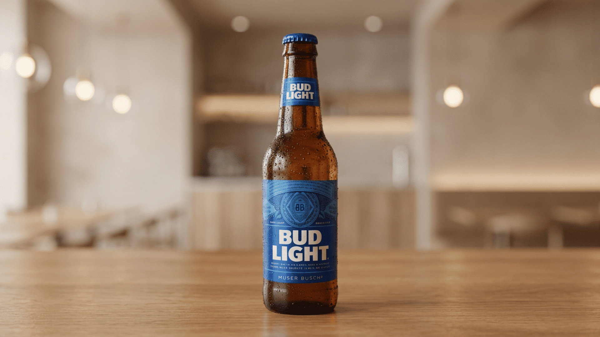 bud light beer bottle on a wooden table against a softly blurred indoor background