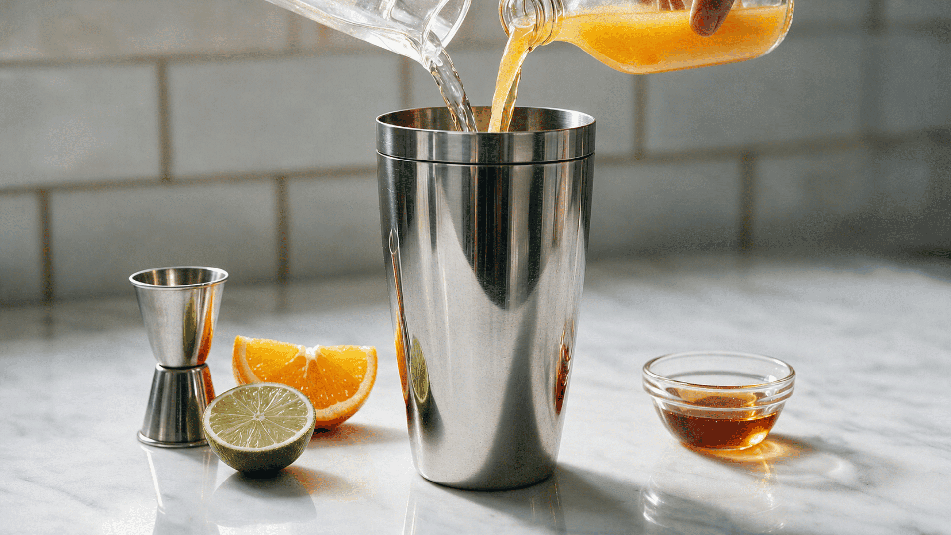 Tequila and citrus juice poured into a cocktail shaker.