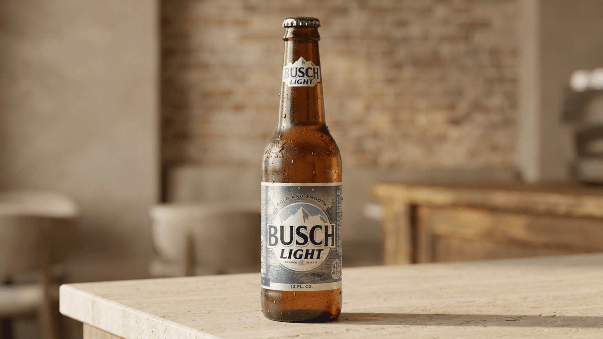 chilled busch light bottle on a table inside a casual bar