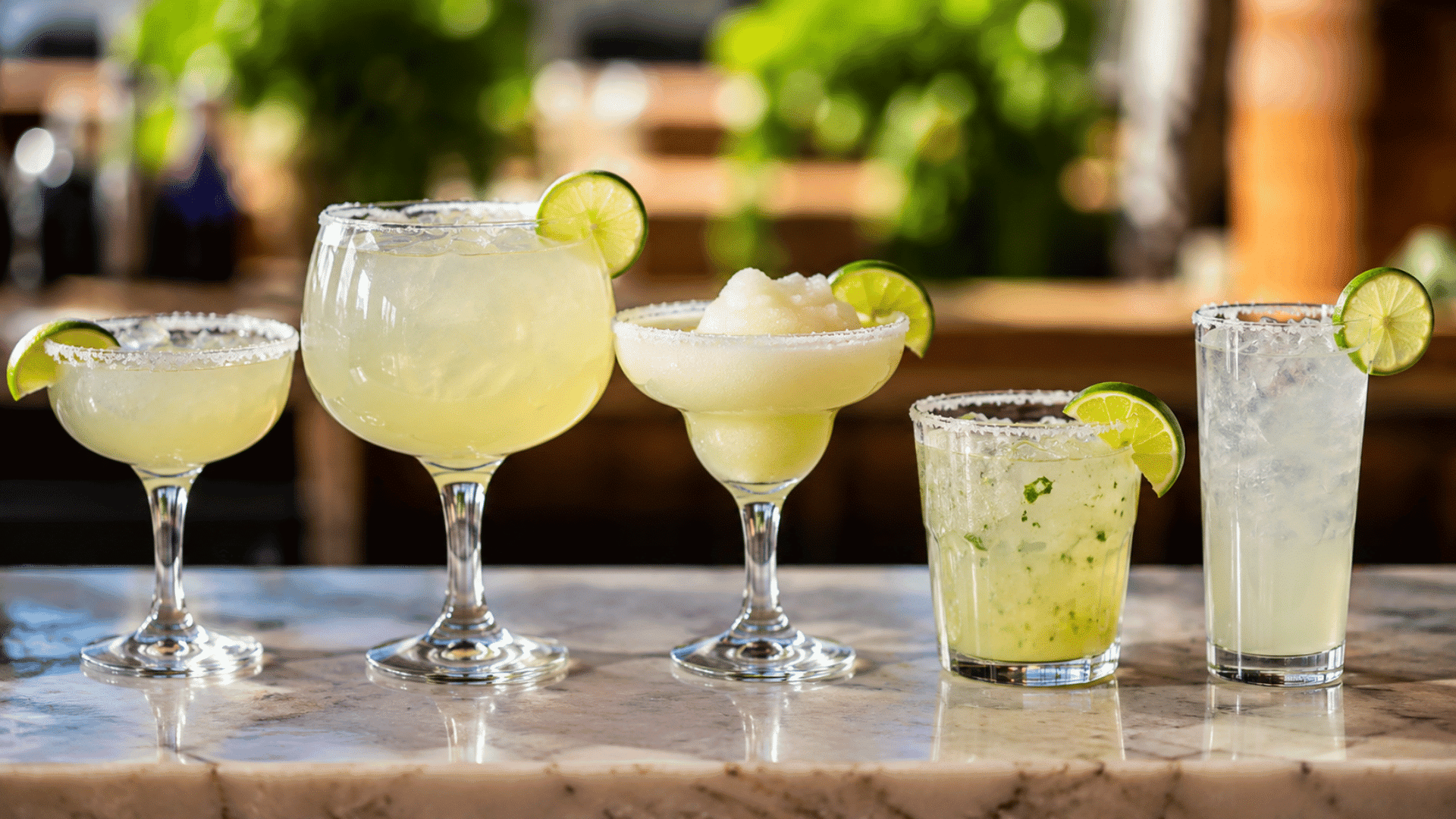 Five margarita styles with salted rims and fresh lime garnishes on a bar counter.