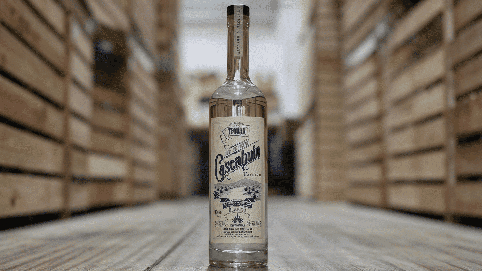cascahuín Tahona Blanco tequila bottle and tasting glass on a rustic wooden table.