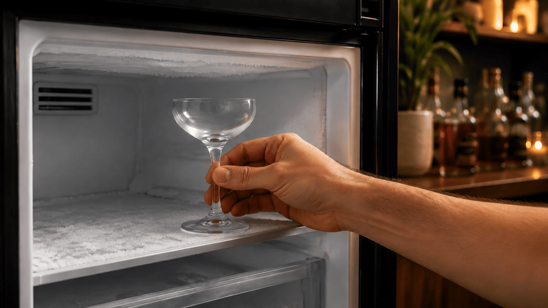 A hand places an empty coupe glass inside a frosty freezer to chill before serving.