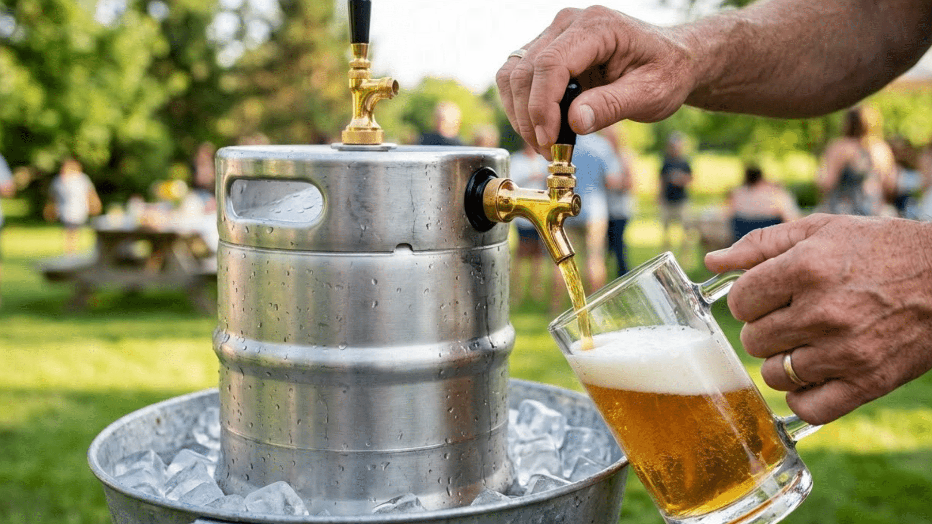 a person pours golden beer from a tap attached to a metal keg into a glass pitcher, with the keg chilled in a tub of ice at an outdoor gathering