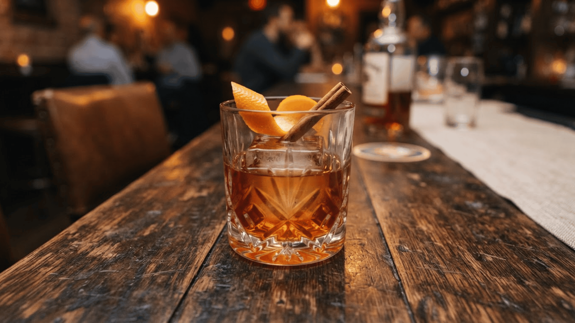 Cinnamon Old Fashioned with large ice cube, orange peel and cinnamon stick garnish