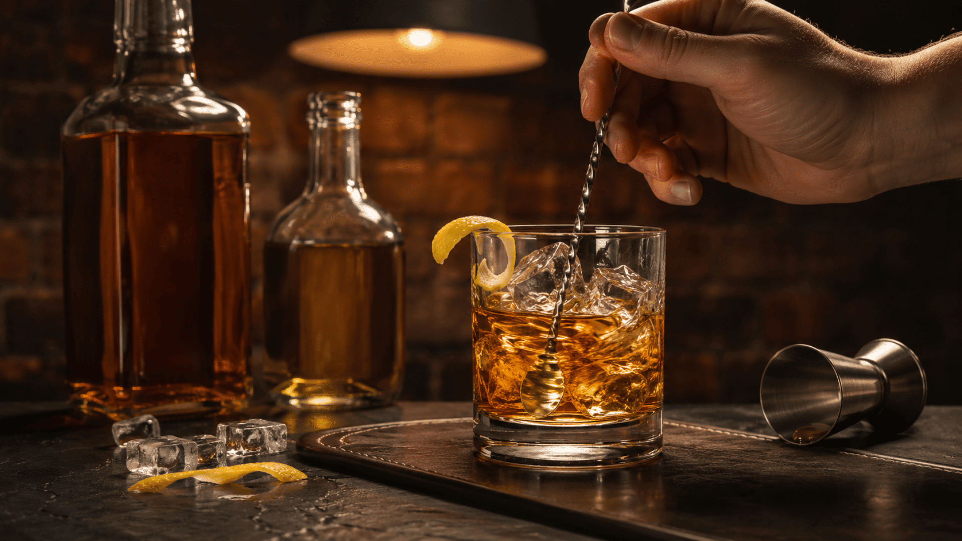 Hand stirring a Rusty Nail cocktail with a bar spoon in a rocks glass with ice and a lemon twist