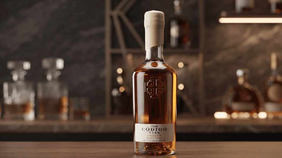 código 1530 añejo origen bottle with dark fruit, red wine, oak, and baking spice notes