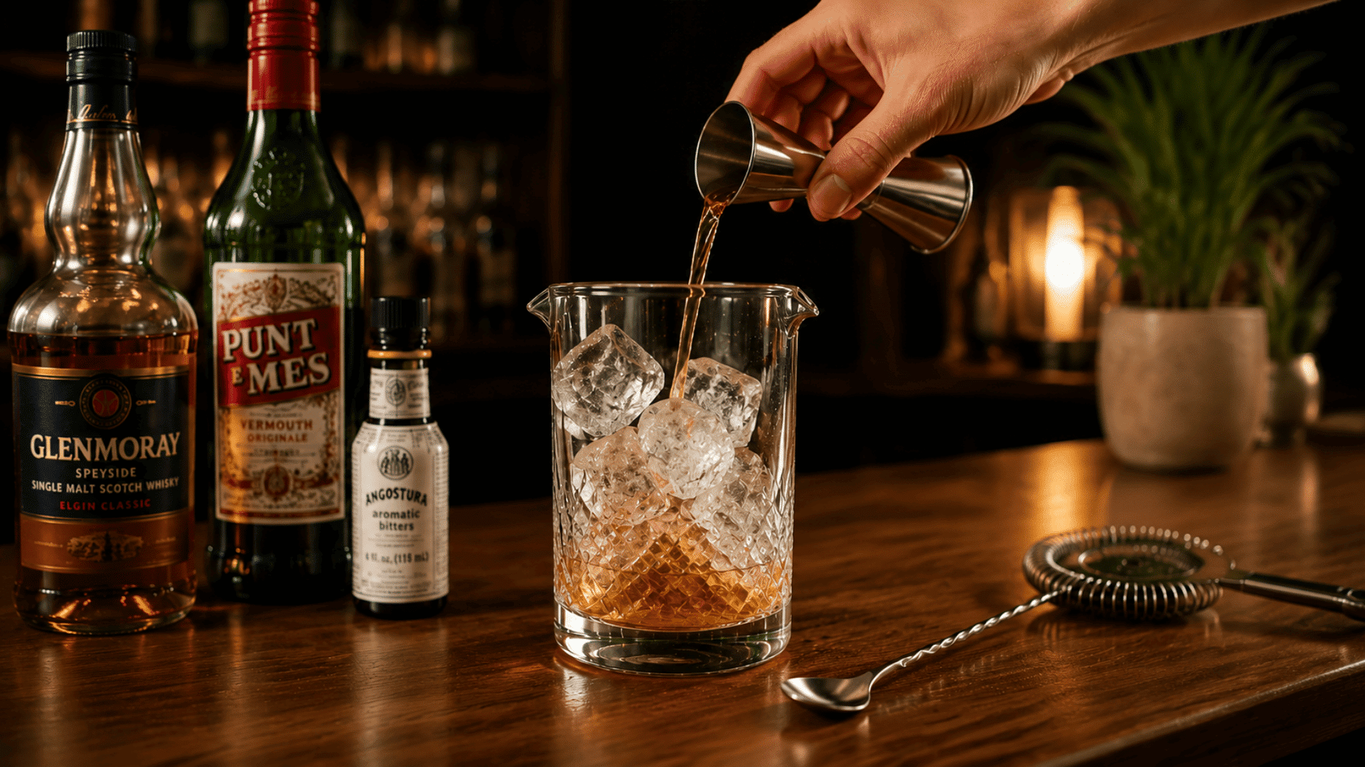 Scotch whisky, sweet vermouth, and bitters are poured over ice in a mixing glass on a warmly lit bar counter.