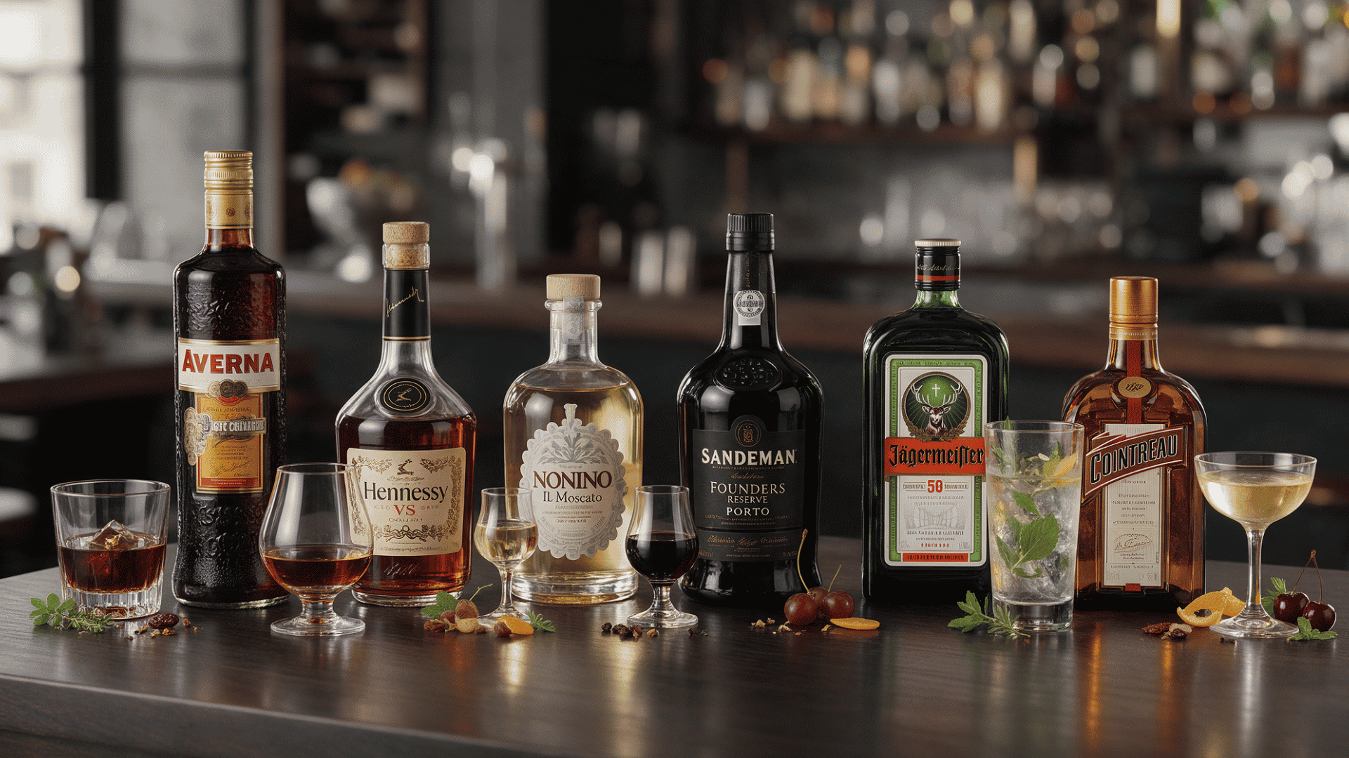 six digestif drink bottles with serving glasses arranged on a bar counter