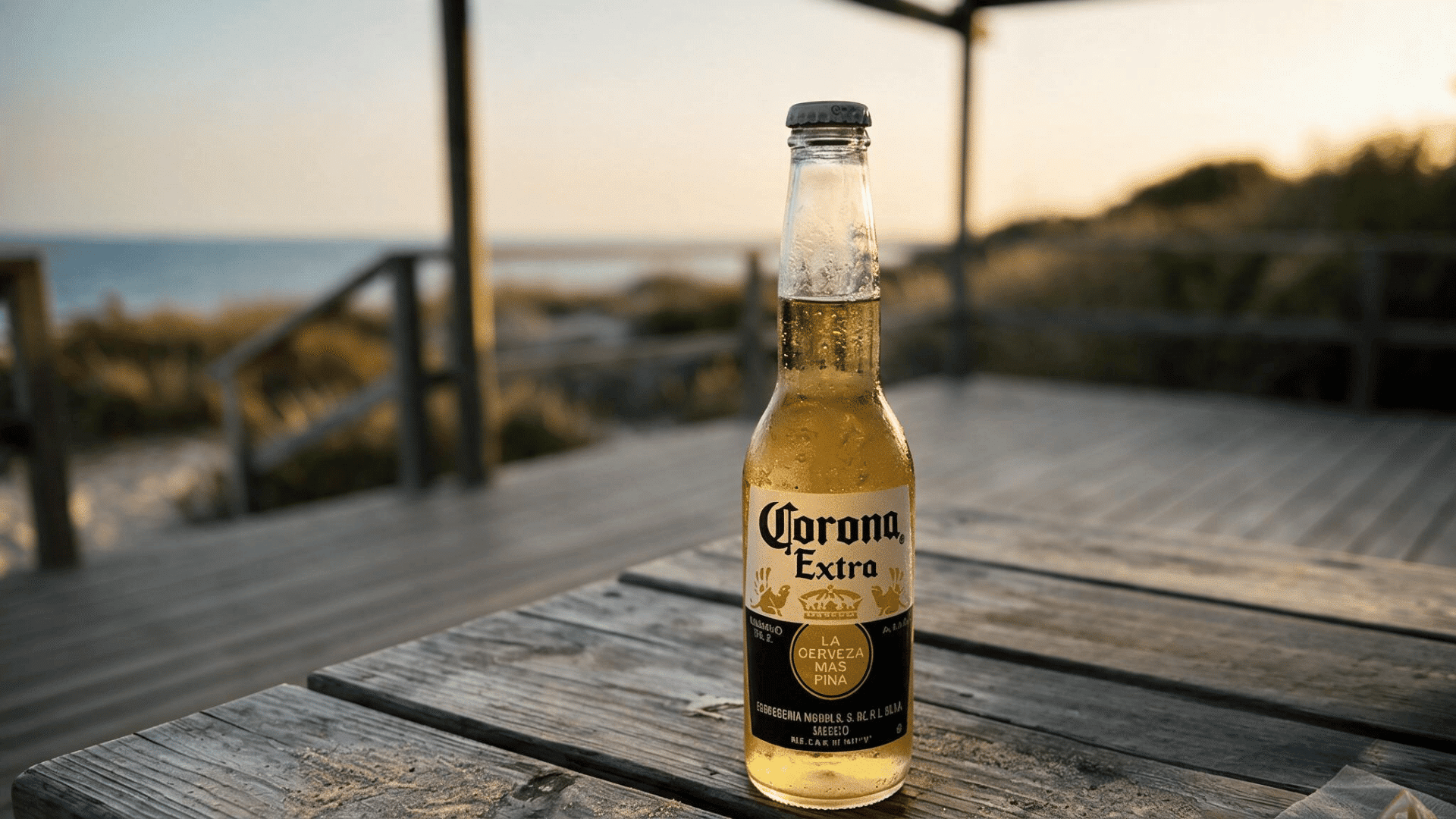 corona extra beer bottle on a wooden table overlooking the beach at sunset
