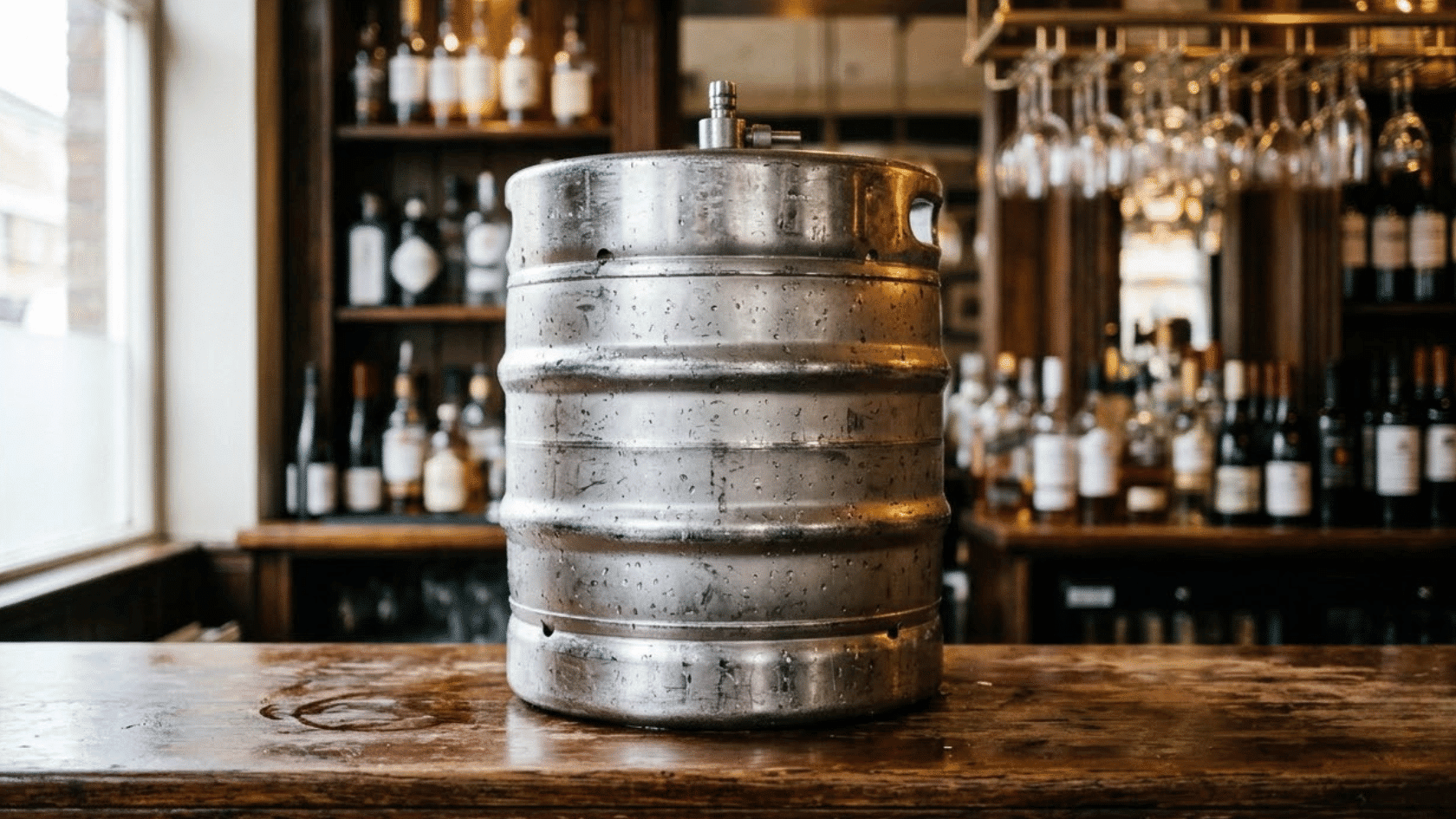 close up of a stainless steel beer keg on a wooden bar counter with warm lighting