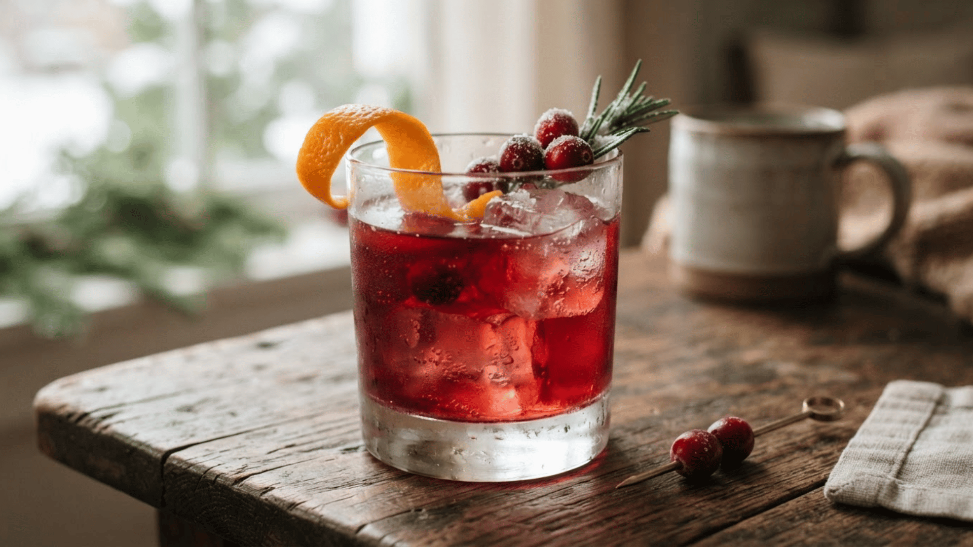 Red cranberry bourbon cocktail over ice with orange peel, cranberries, and rosemary.