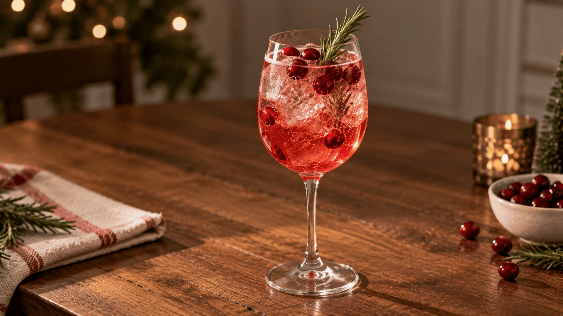 Cranberry gin spritz over ice with fresh cranberries and a simple rosemary sprig garnish