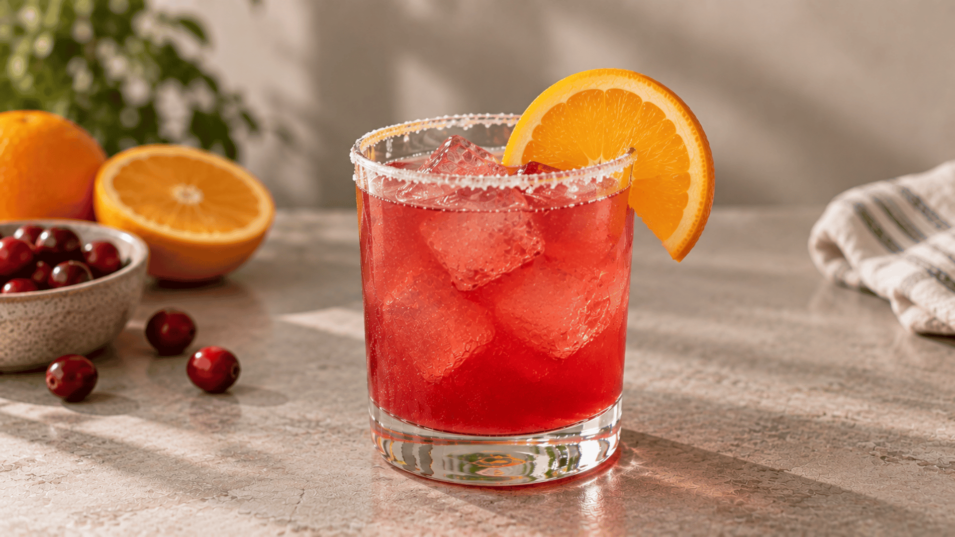 Cranberry orange margarita over ice with a simple fresh orange wheel garnish on glass