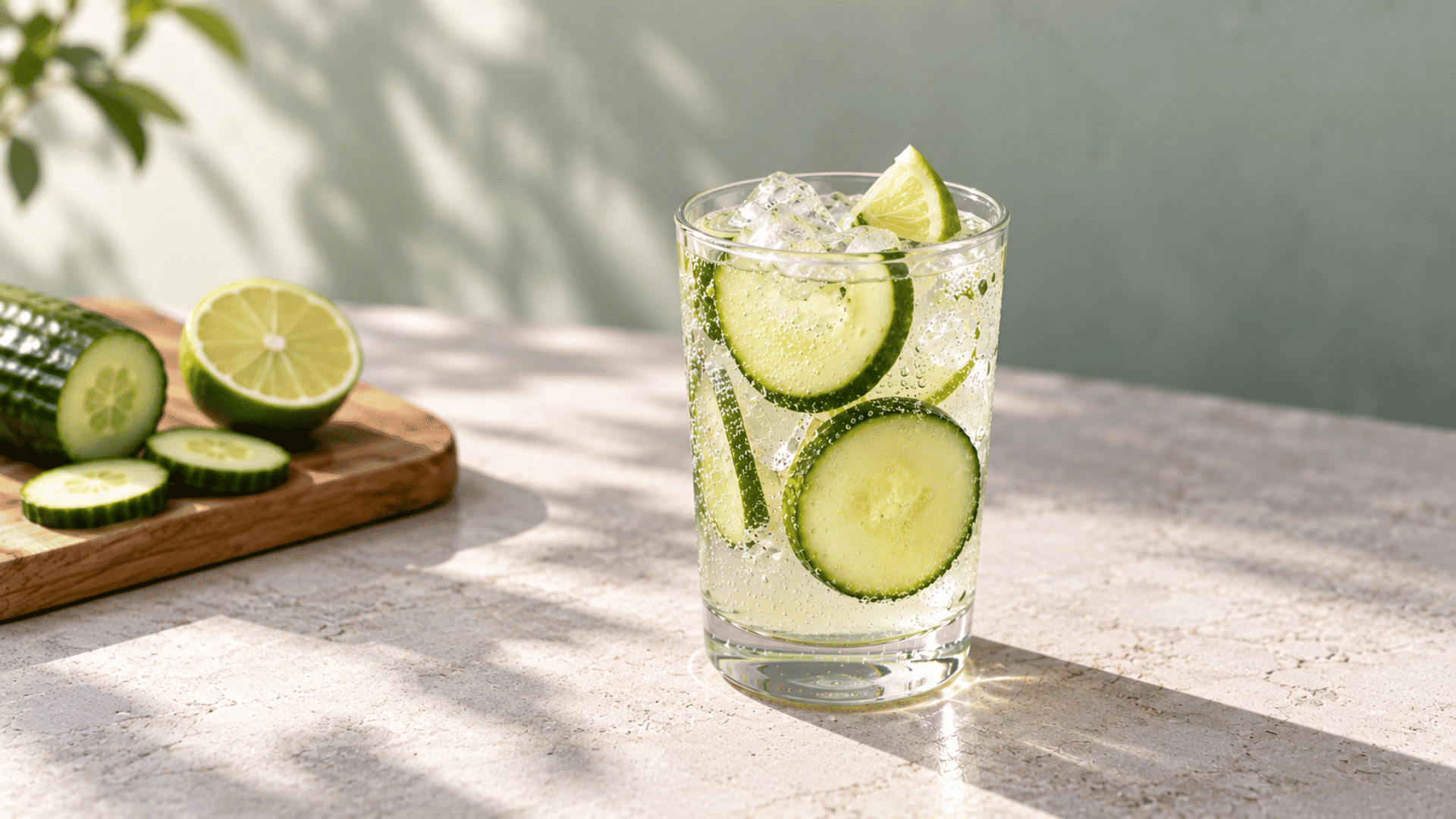 cucumber lime tequila cocktail with ice on a bright stone surface