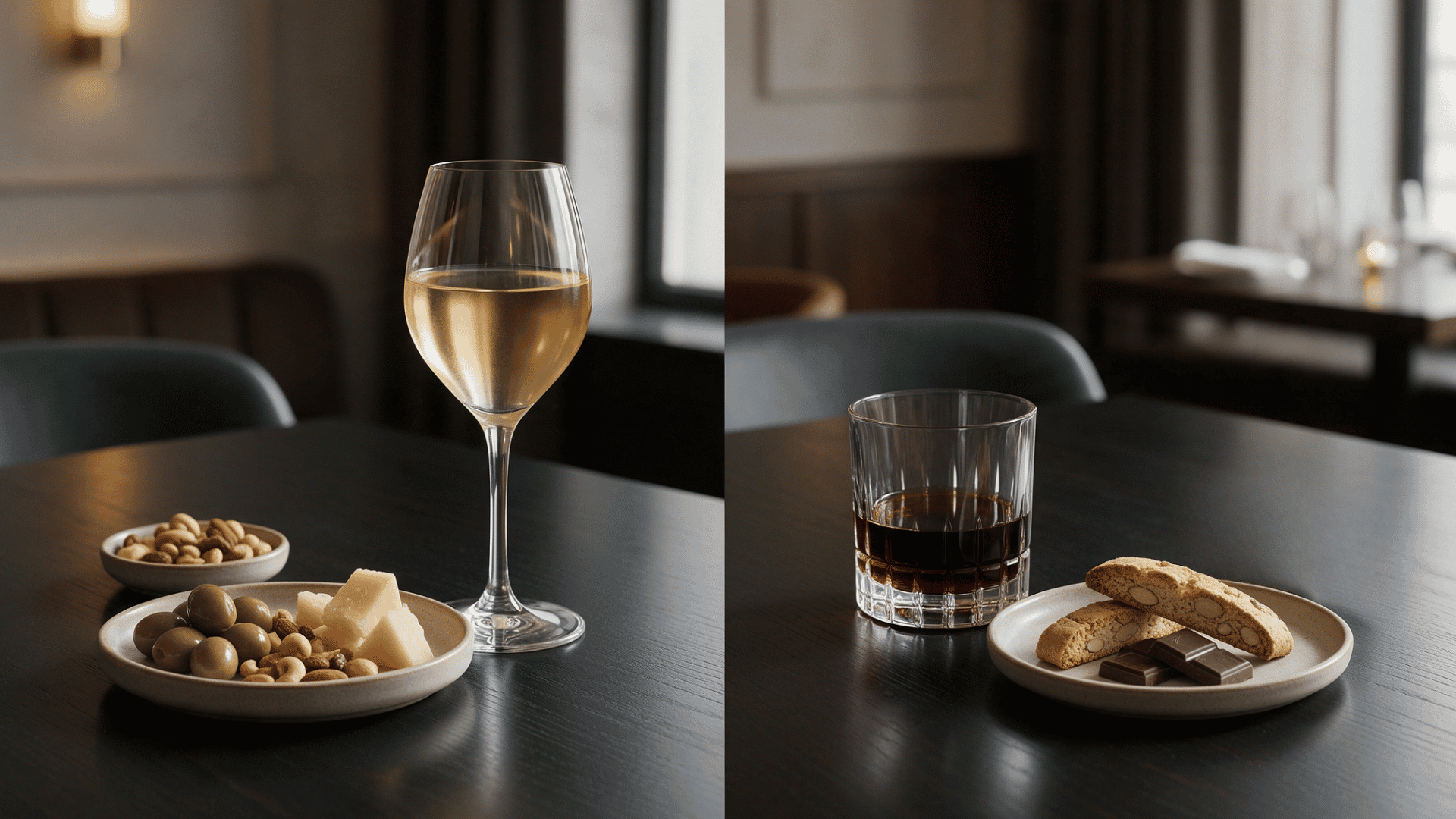 aperitif and digestif drinks served with snacks and dessert on a dark restaurant table