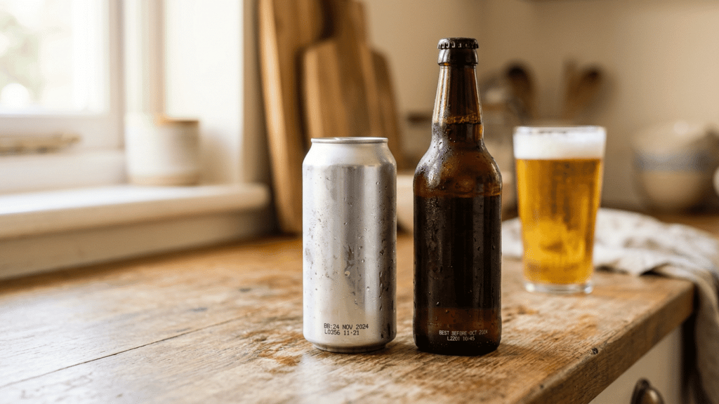 chilled beer can and brown bottle with date codes beside a glass of golden beer