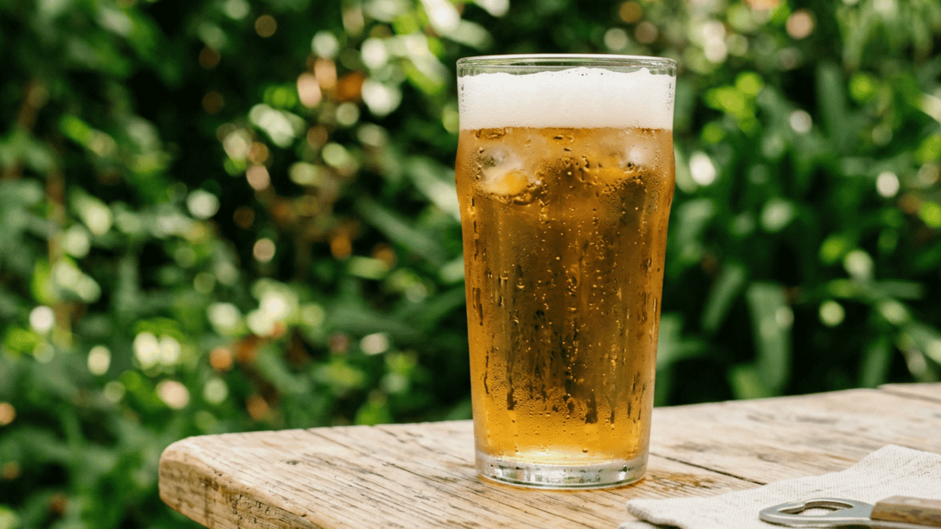 Cold glass of golden beer with frothy foam on a wooden table outdoors