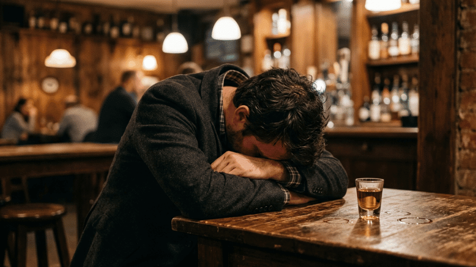 Person resting at a bar table with a drink nearby, representing the effects of alcohol after drinking.