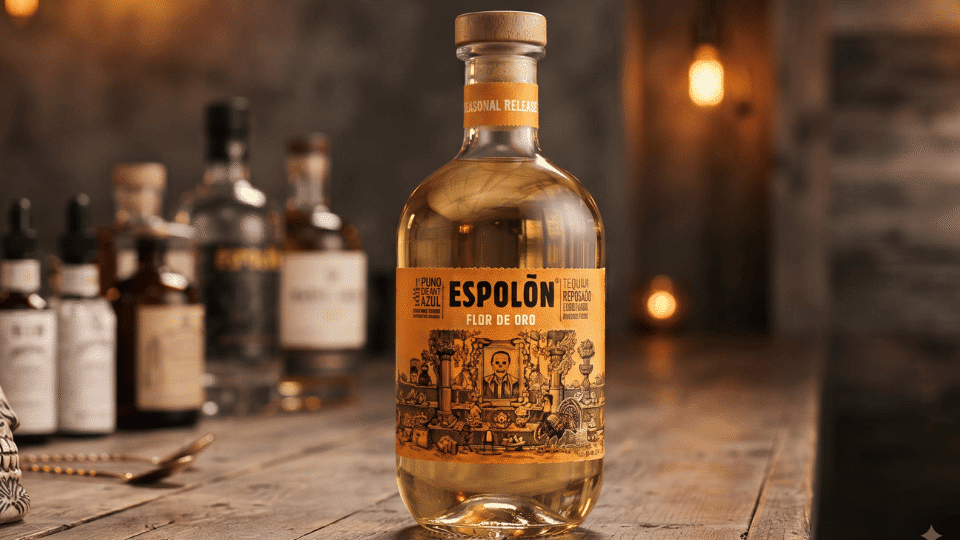 espolòn flor de oro reposado bottle with marigold, vanilla, oak, citrus, and tobacco notes
