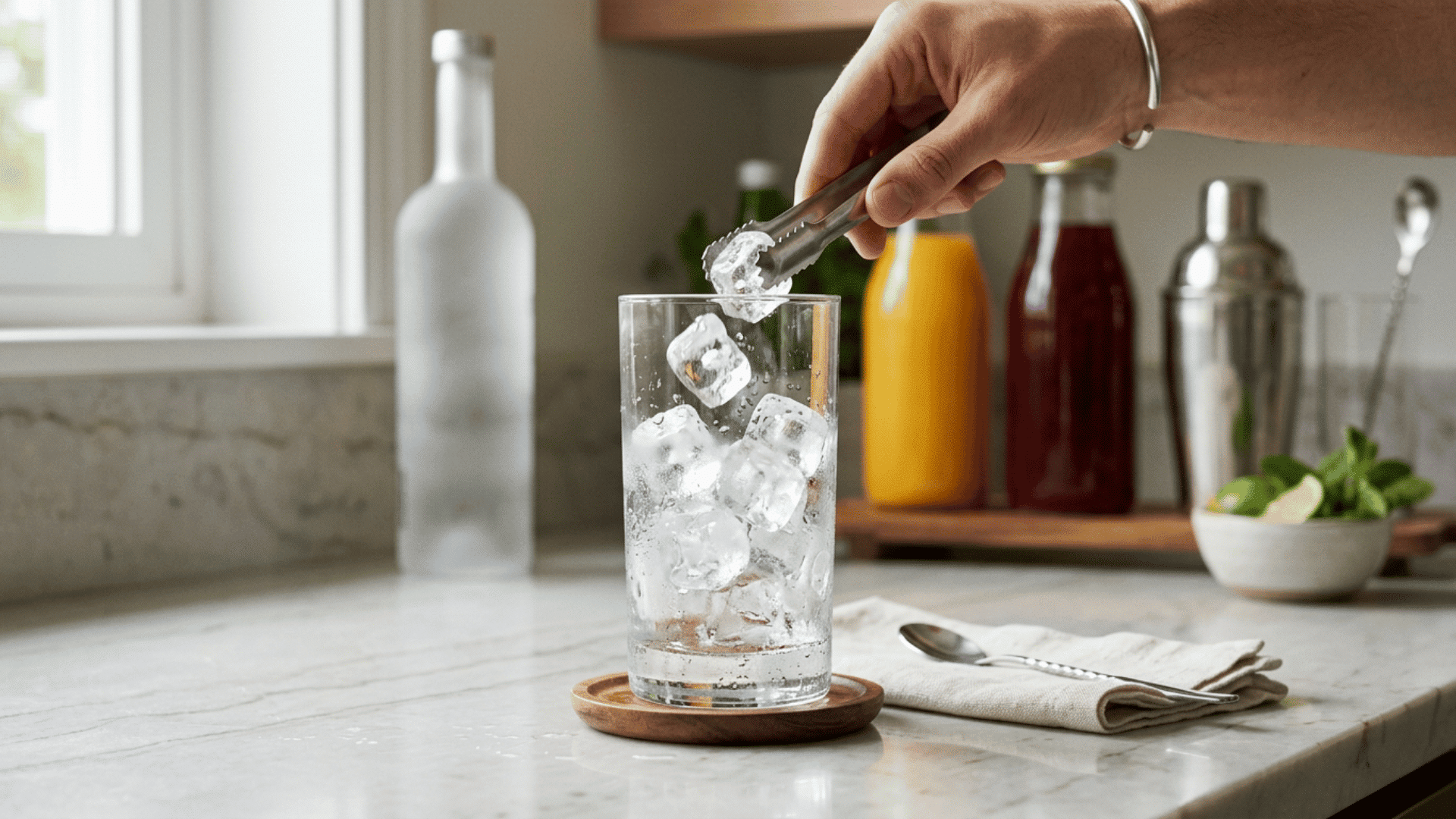 clear highball glass filled with firm ice cubes on a clean countertop with cocktail ingredients softly blurred behind