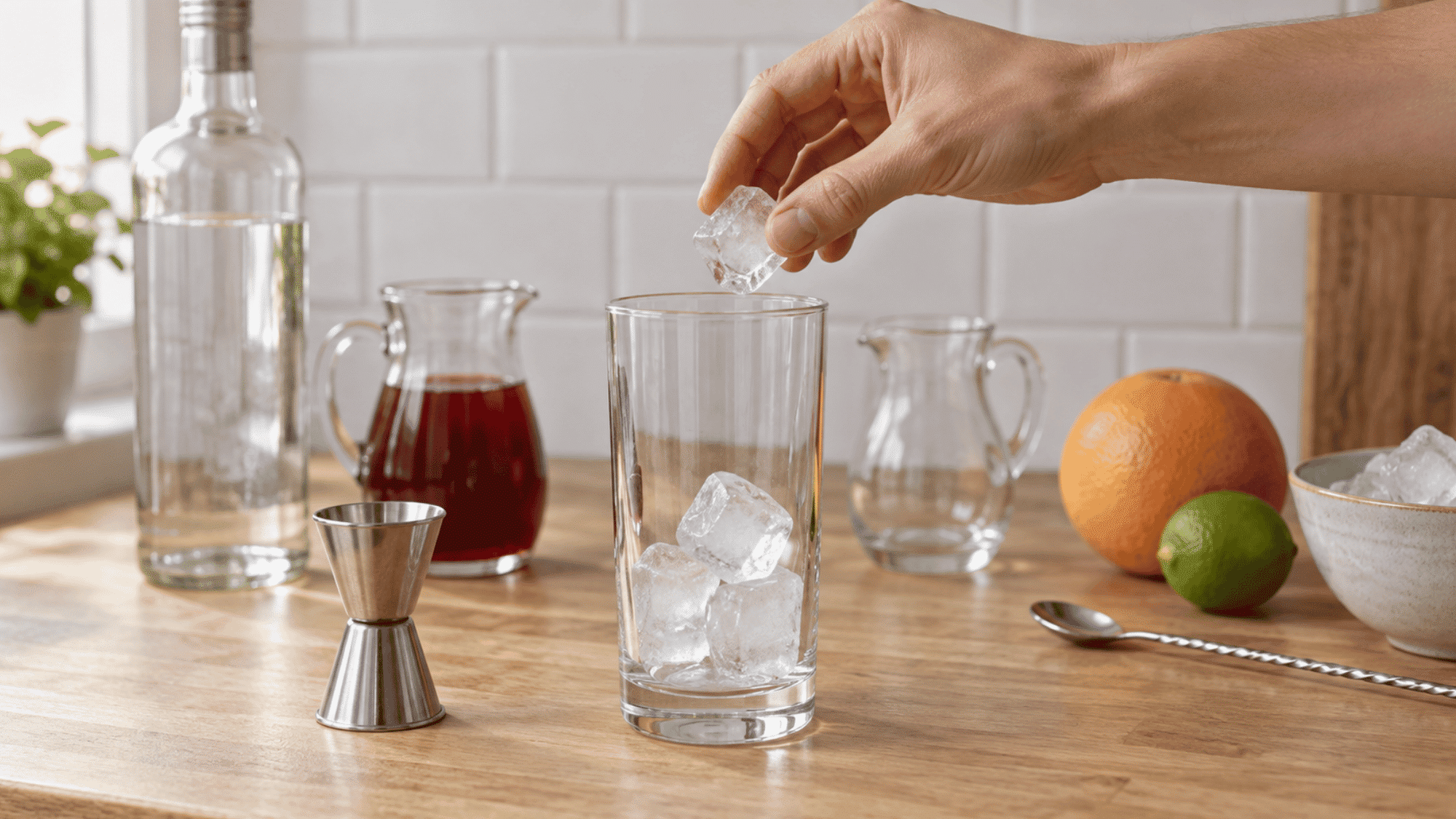 hand adding ice cubes to a highball glass for a Sea Breeze cocktail