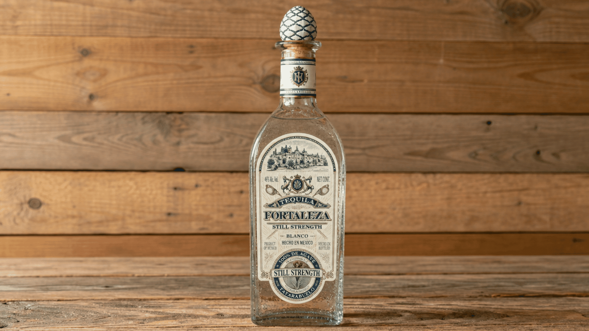 fortaleza Still Strength Blanco tequila bottle centered against a rustic wooden background.