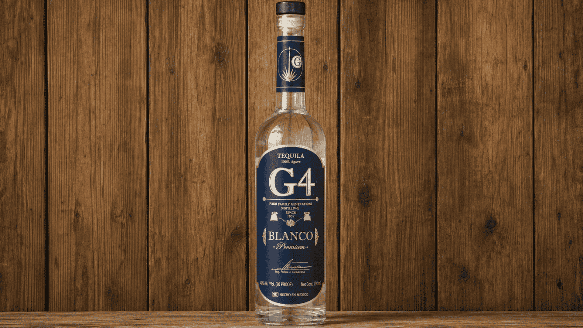 g4 Blanco tequila bottle centered against a rustic wooden plank background.