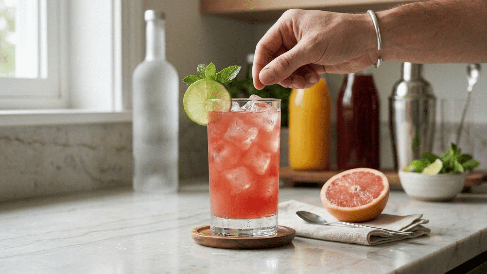 finished sea breeze cocktail in a highball glass with ice and a lime wheel garnish on a clean countertop