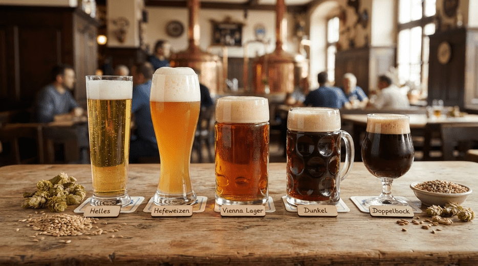 Different German beer styles in glasses with varying colors on a wooden table