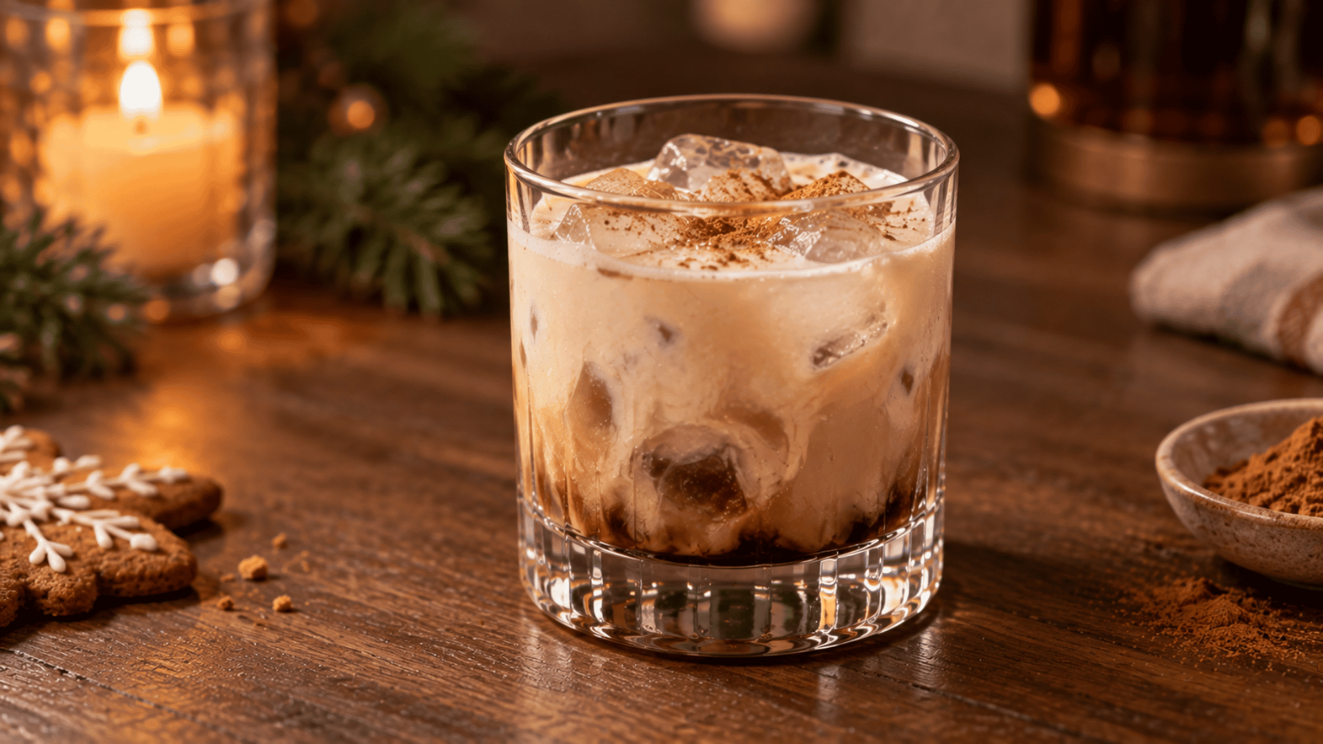 Creamy Gingerbread White Russian over ice with a light dusting of gingerbread spice